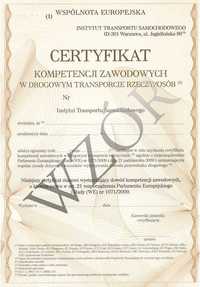 Posiadam certyfikat kompetencji zawodowych  PRZEWÓZ RZECZY I  OSÓB