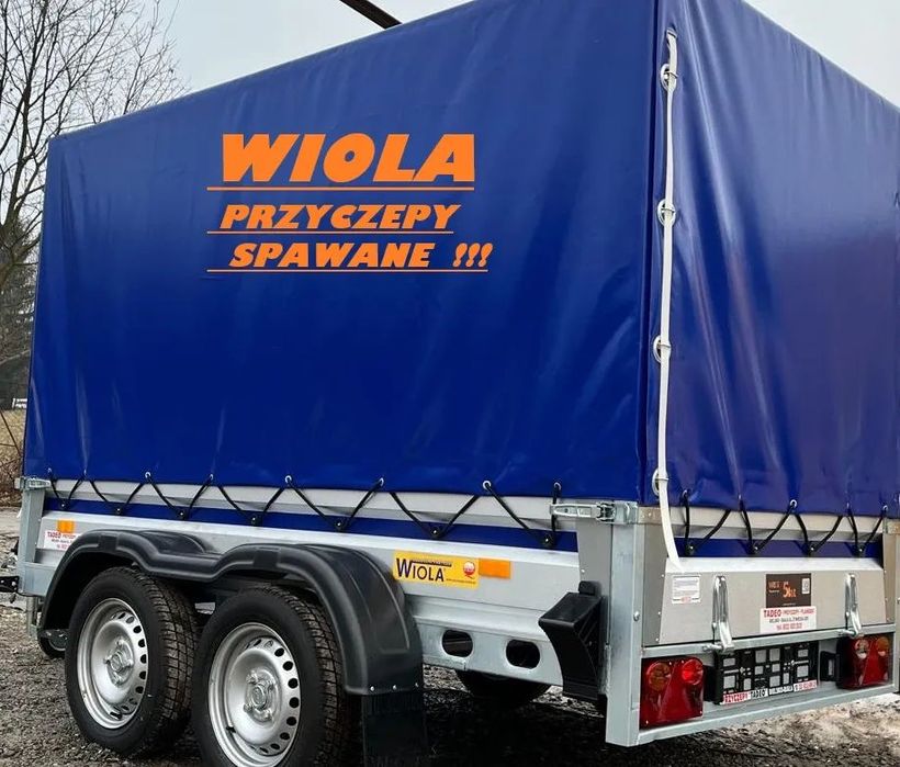 Wiola KRAKUS+ z plandeką i stelażem  mocna spawana przyczepa ze stelażem na wysokość do 170cm