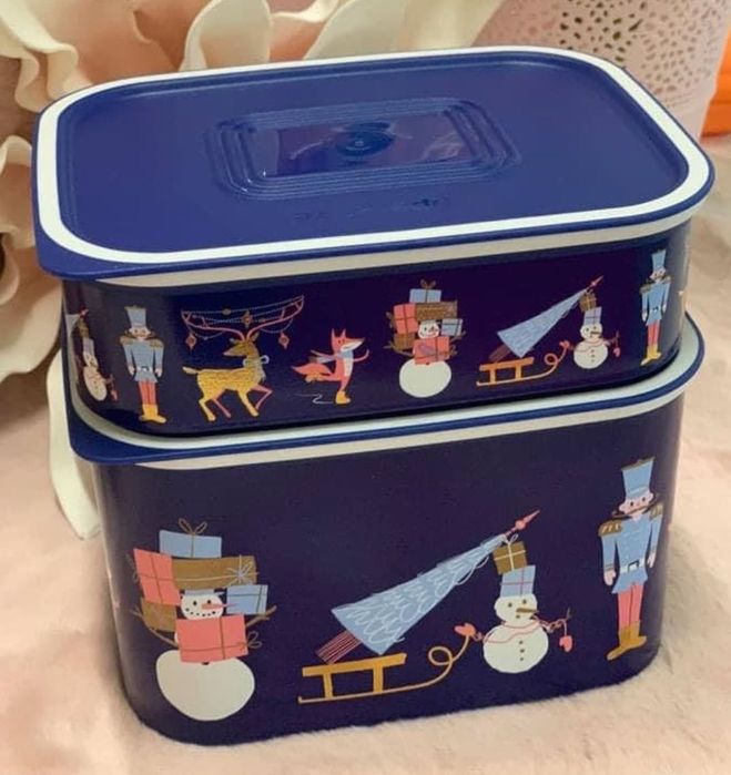2 Caixas 500ml + 1.3L Baselines Azul Escuro “Natal” Tupperware
