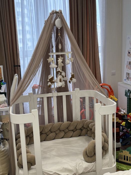 Ліжко дитяче ( Мама Тато ) з матрасом + окремо мобіль +бортики + фатін