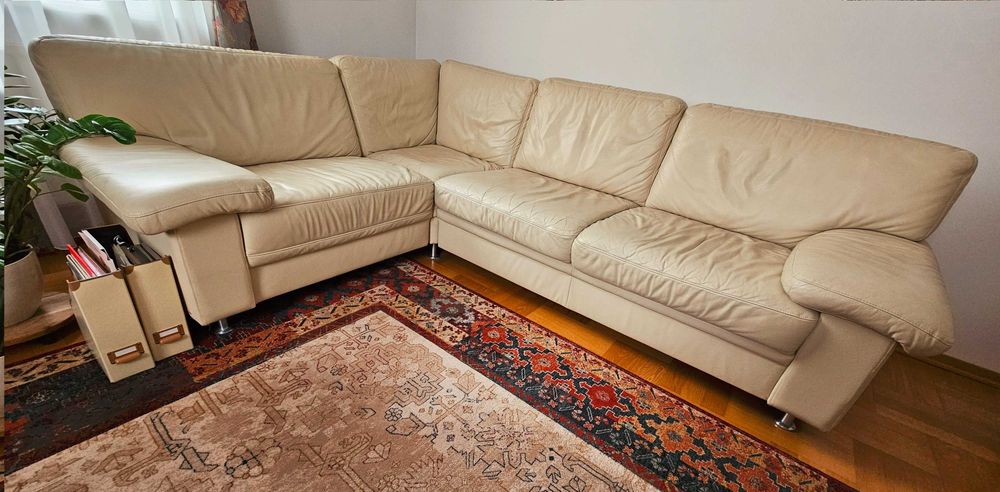 Narożnik z funkcją spania, 195/258cm, skóra naturalna, kolor ecru.
