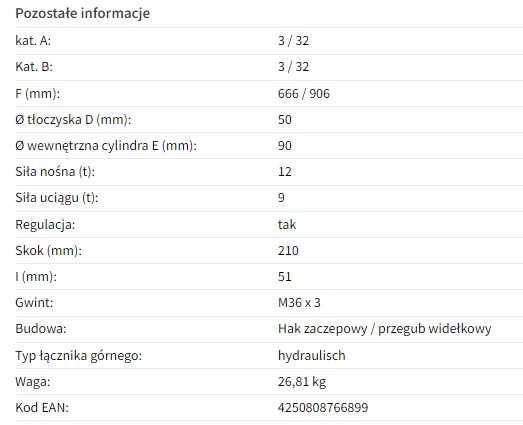 Łącznik górny hydrauliczny śruba centrala  3 kategoria