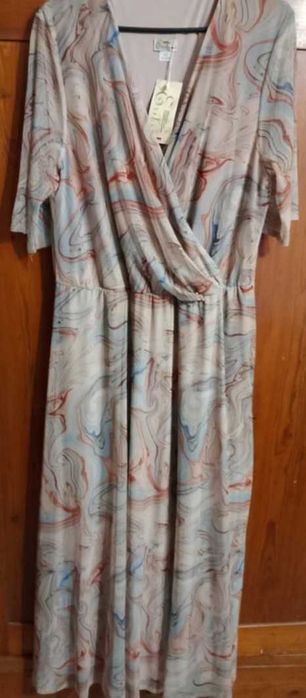 Kopertowa zwiewna siateczkowa sukienka wesele chrzciny urodziny 50 52