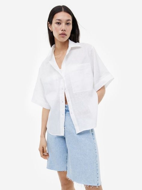H&M льняная рубашка оверсайз с/м