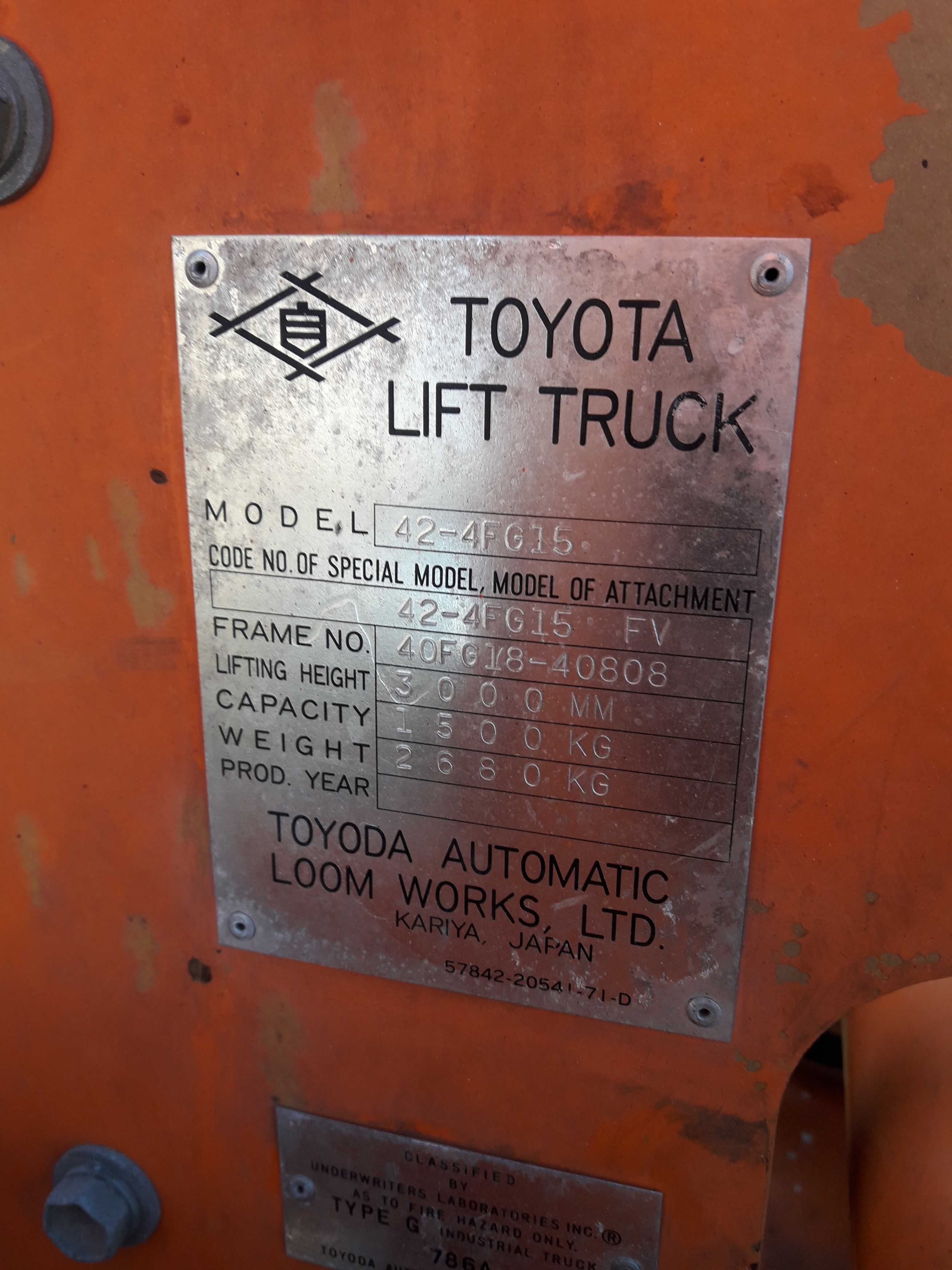 Obniżona Cena Wózek widłowy Toyota 4 FG-15Fv