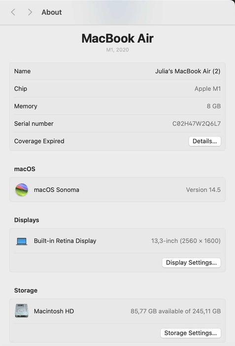 MacBook Air 13  2020 Apple M1 8Gb SSD 250Gb