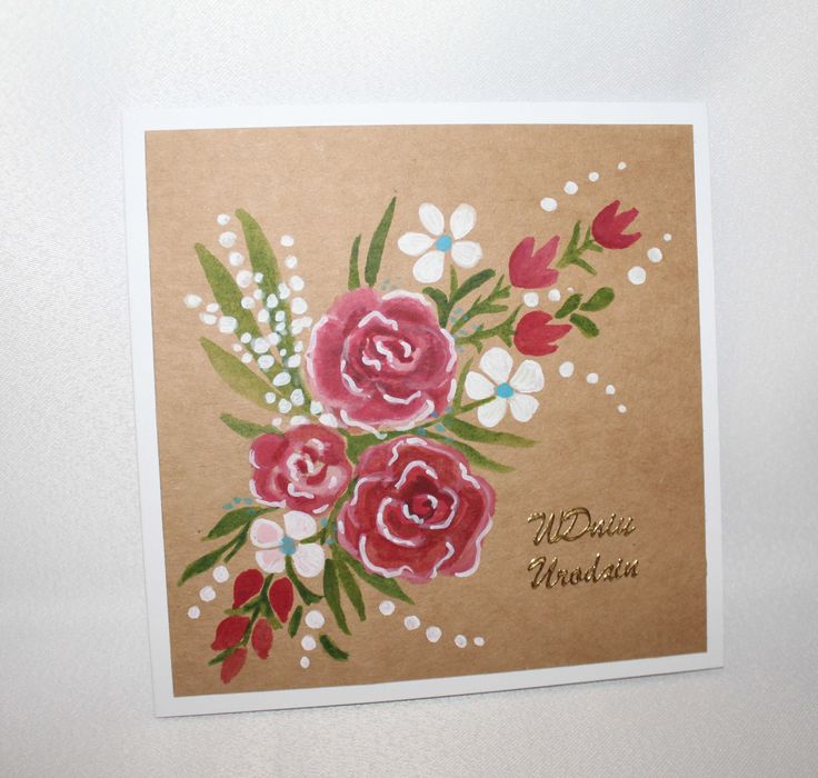 kartka eko na urodziny imieniny ślub w kwiaty róże ręcznie malowana