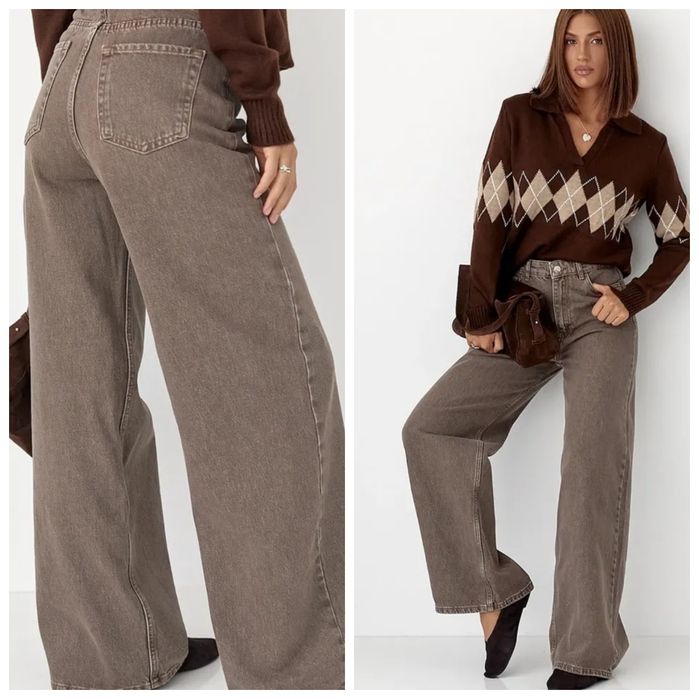 Zestaw na jesień L-XL sweter burgund oversize i dżinsy WIDE LEG taupe