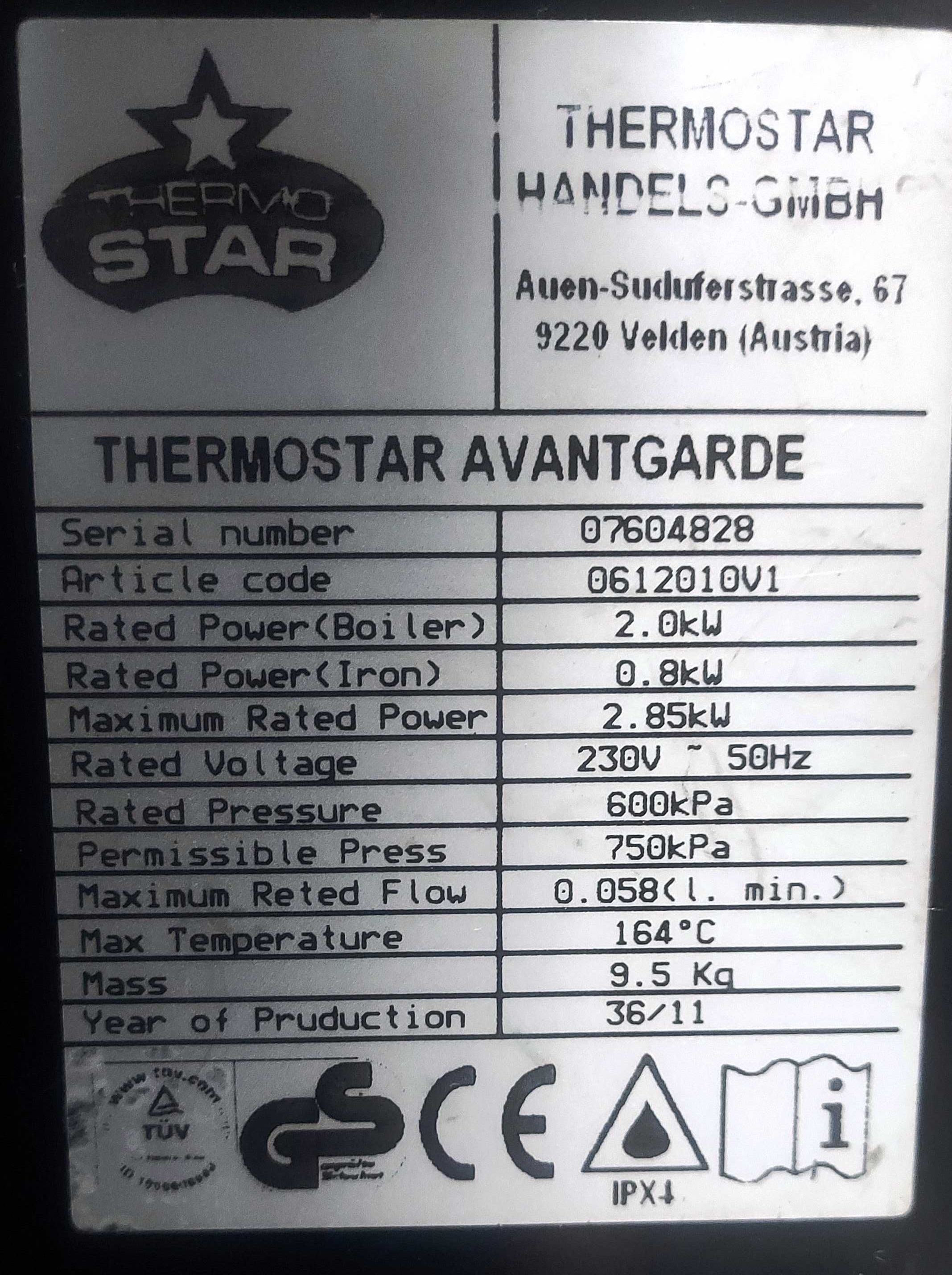 Profesjonalna parownica Thermostar avantgarde 7,5 bara gwarancja