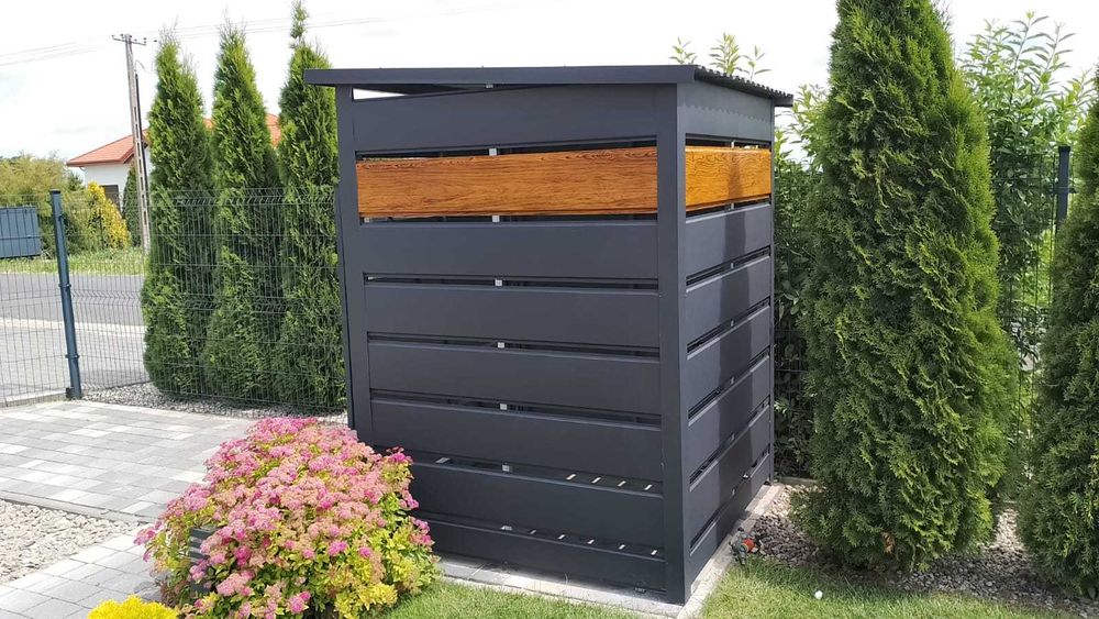 Wiata śmietnikowa panele zabudowa śmietników 1,6x1,6m złoty dąb grafit