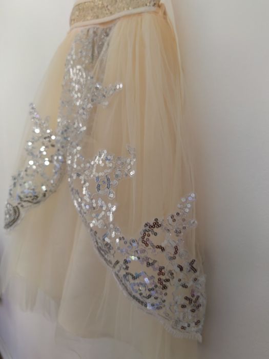 Vestido em champanhe, Estilo Princesa, em tule, elegante, sem mangas