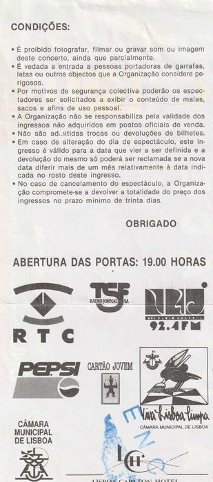 Bilhete Concerto GNR em Alvalade 1992 - Colecionadores