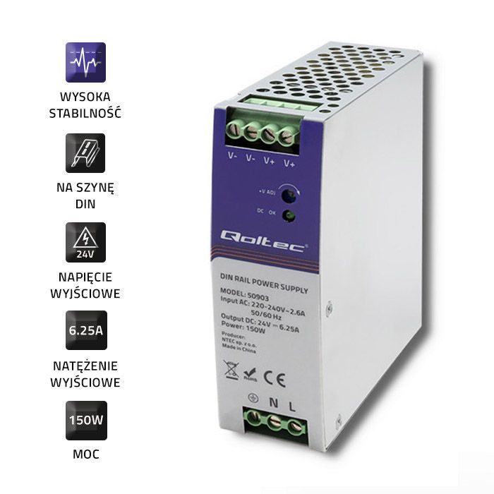 Przemysłowy zasilacz na szynę DIN 24V 150W 6.25A Qoltec 50903