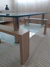 Mesa de centro - madeira, inox e vidro