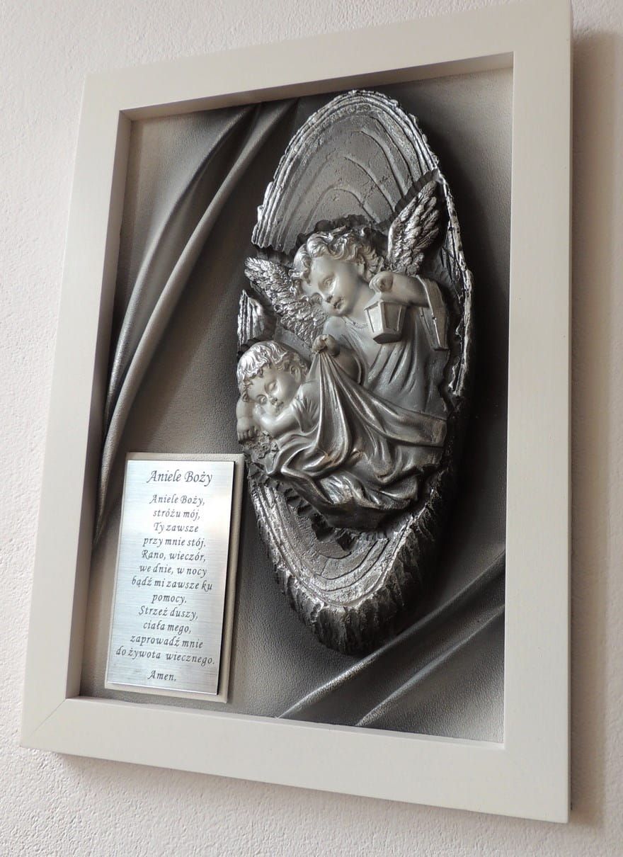 Posrebrzany obraz z aniołem stróżem prezent na chrzest święty, komunię
