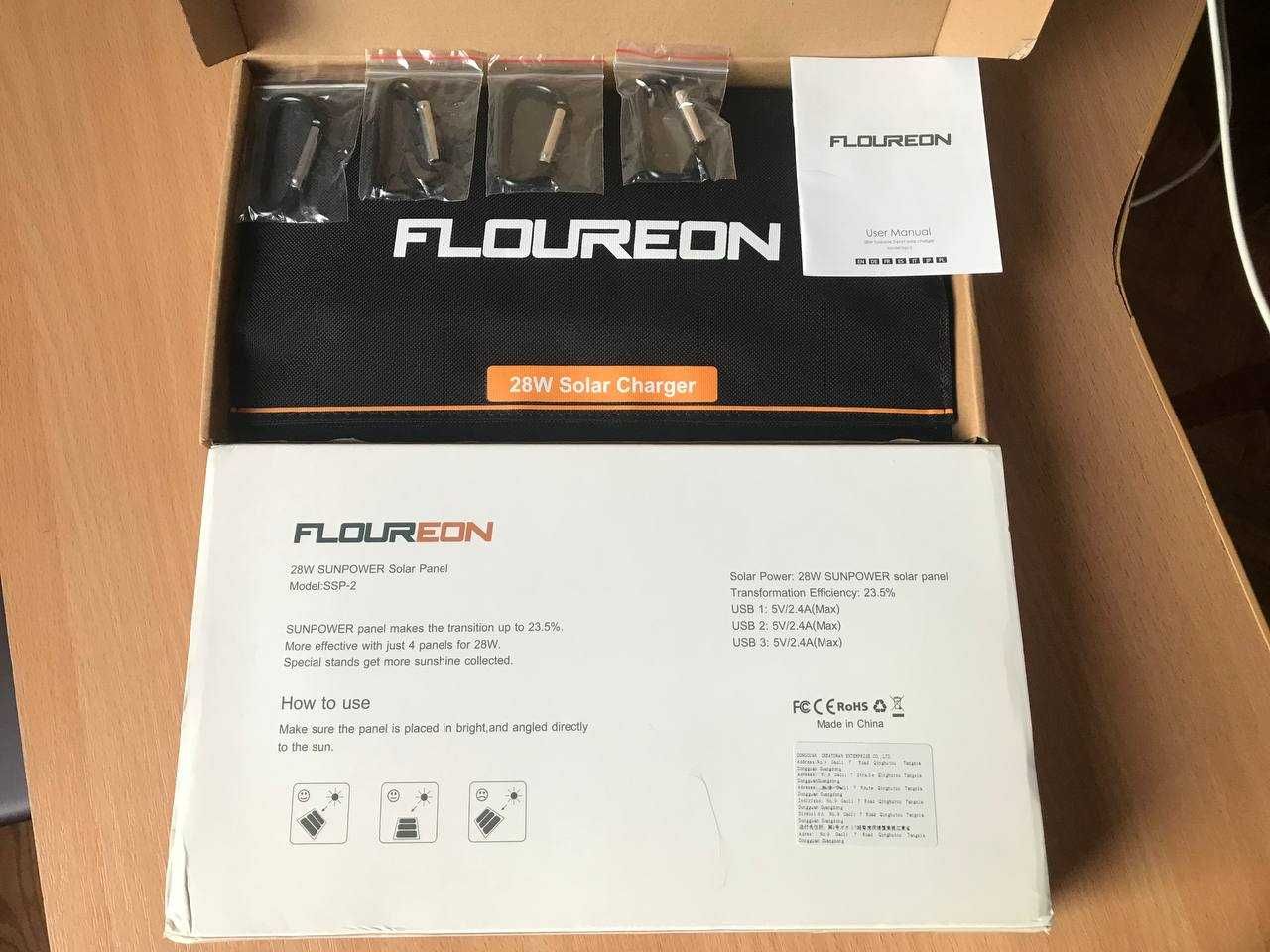 Портативная солнечная панель НОВАЯ FLOUREON 28W /4 панели /3 USB порта