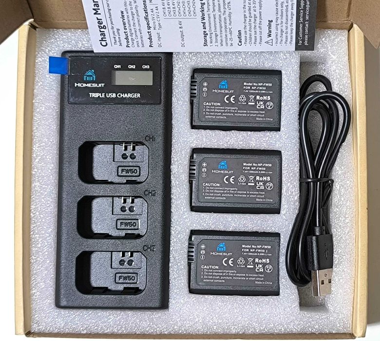 Комплект до камери акумулятори до SONY NP-FW50 АКБ 3*1300mAh + Зарядне