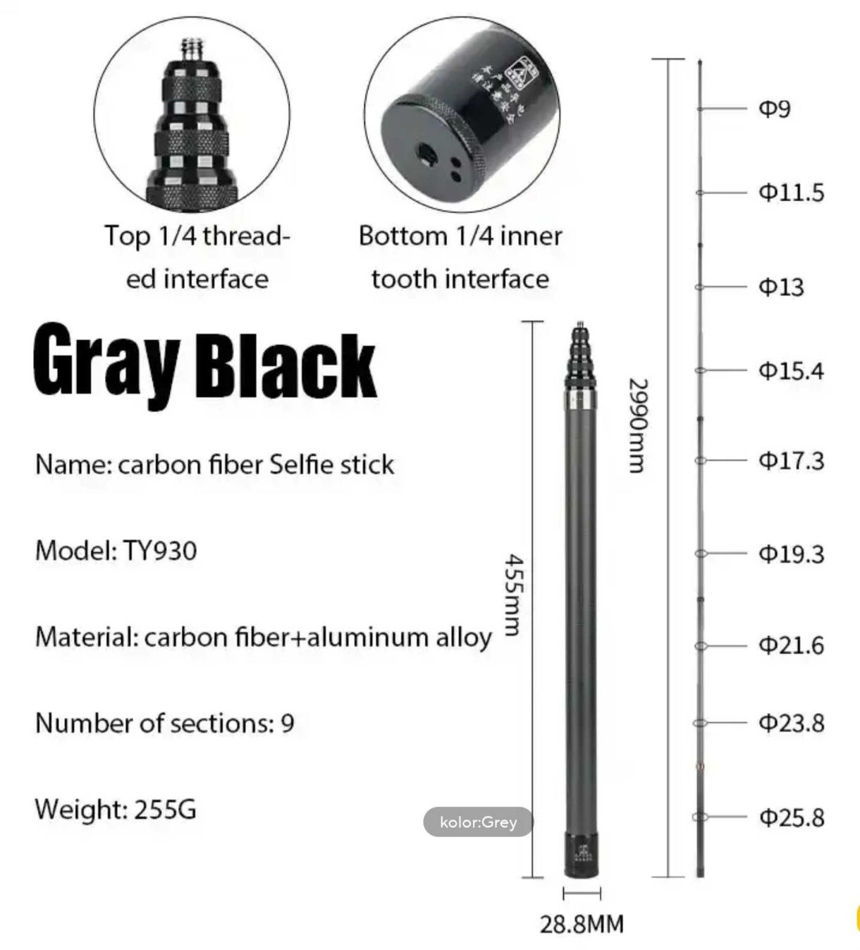 Selfie Stick 3m GoPro Insta 1/4 gwint