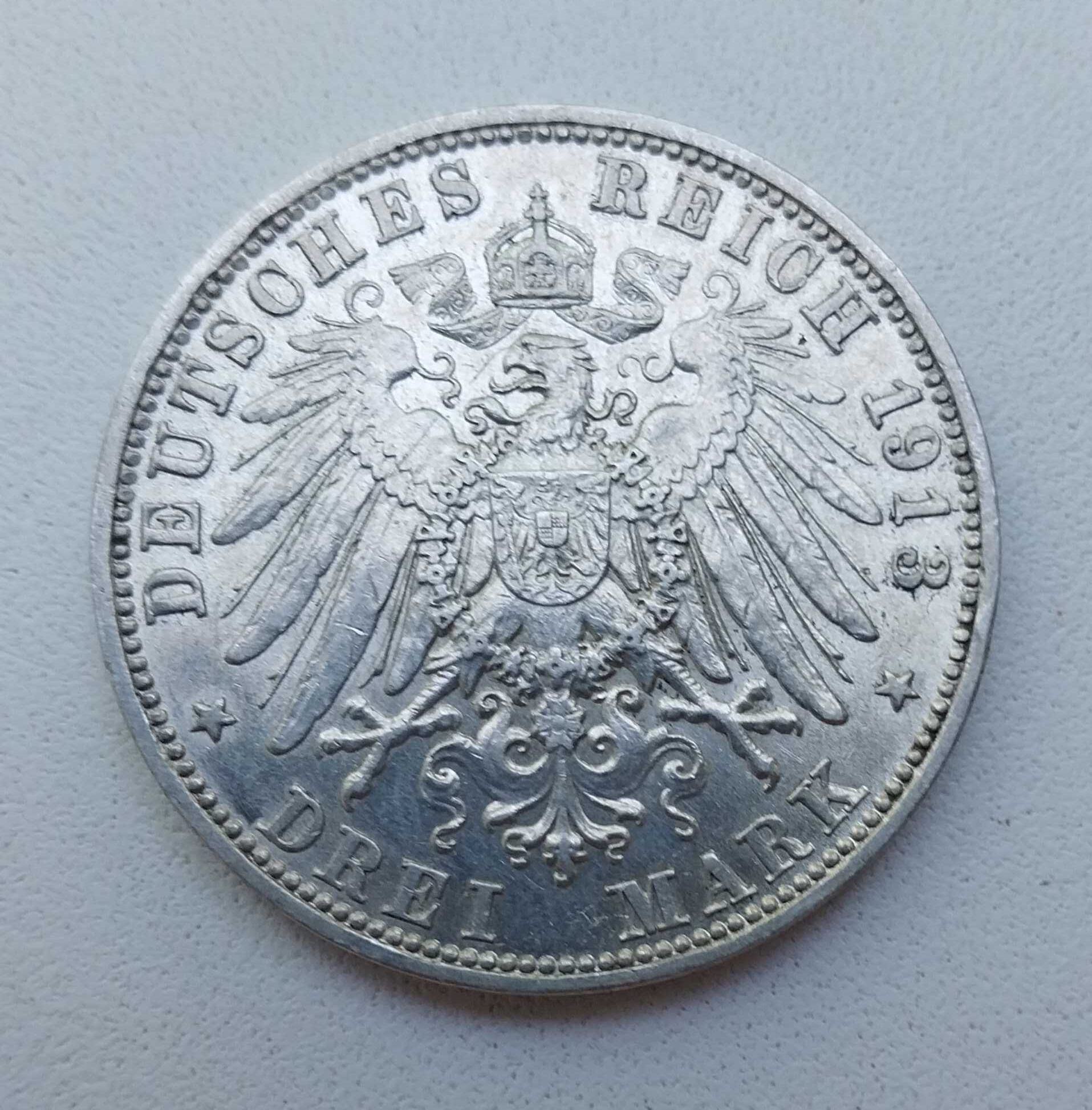 3 марки 1909 г. Отто І Бавария Германская империя серебро Штемпельная