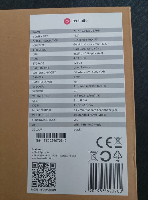 Laptop Techbite Zin5 15,6 128 GB FHD