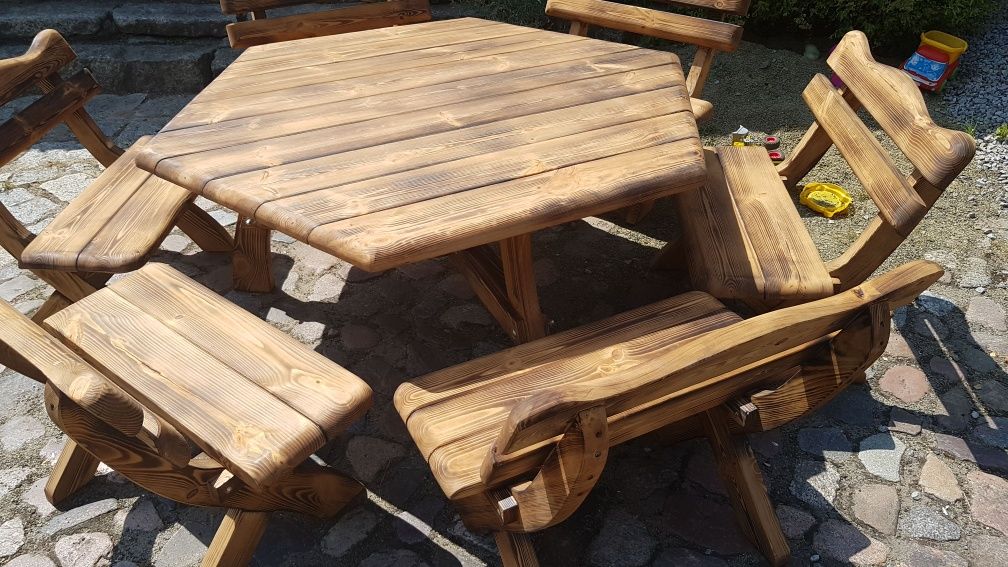 Meble ogrodowe ławki stoły- komplet drewniany średnica  160cm