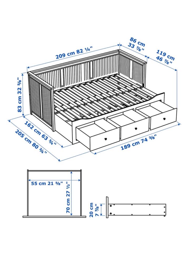 Łóżko Hemnes Ikea rozkładane dwa materace 162x209