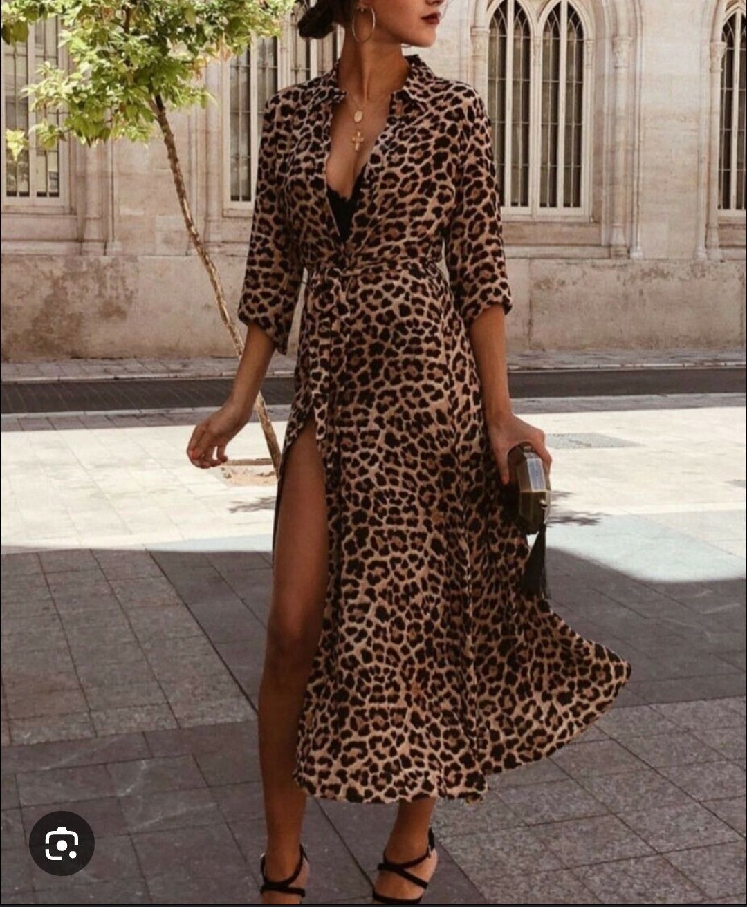 Sukienka midi Zara 44 xxl długi rękaw viscose print koszulowa pantera