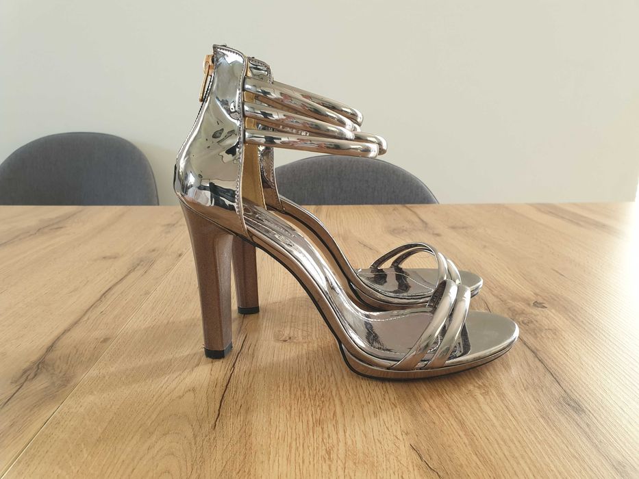 Srebrne sandały na wysokim obcasie, szpilki, Feminant, rozmiar 40