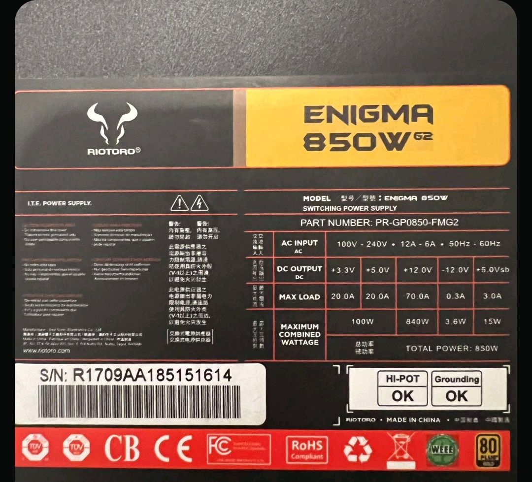 Zasilacz komputerowy Riotoro Enigma 850w G2 80+ Gold