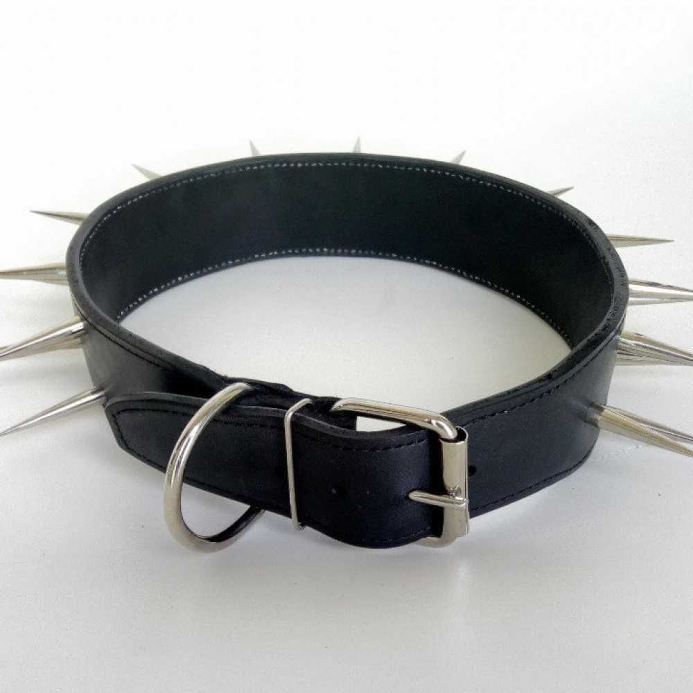 Защитный кожаный ошейник "Lockdog" с длинными шипами черный