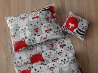 Pościel dla lalki do wózka łóżeczka kołyski 4 elementy czerwone koty