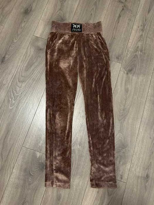 Pinko 38 M welurowe spodnie legginsy jasny brąz szeroki pas cyrkonie