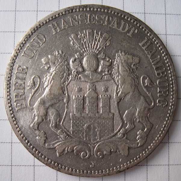5 марок 1875 року, Гамбург, старий герб, срібло