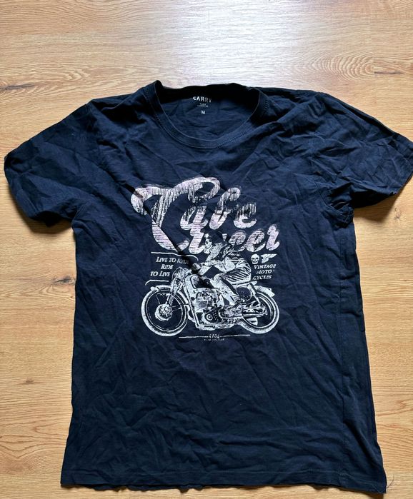 Męska koszulka t-shirt Carry – granatowa z nadrukiem motocyklowym – ro