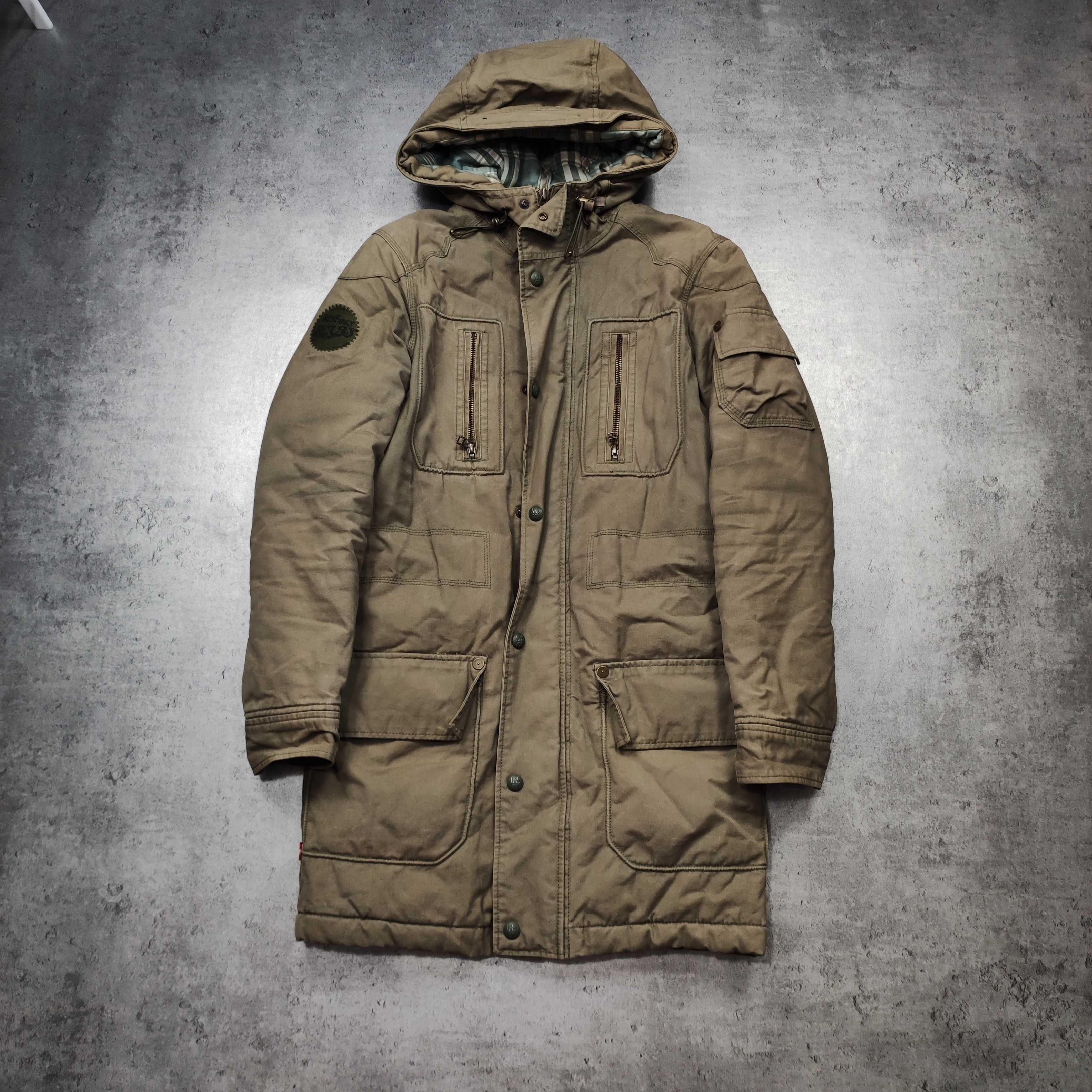 MĘSKA Długa Kurtka Zimowa Levis PARKA Khaki Rozpinana Kaptur Logo Haft