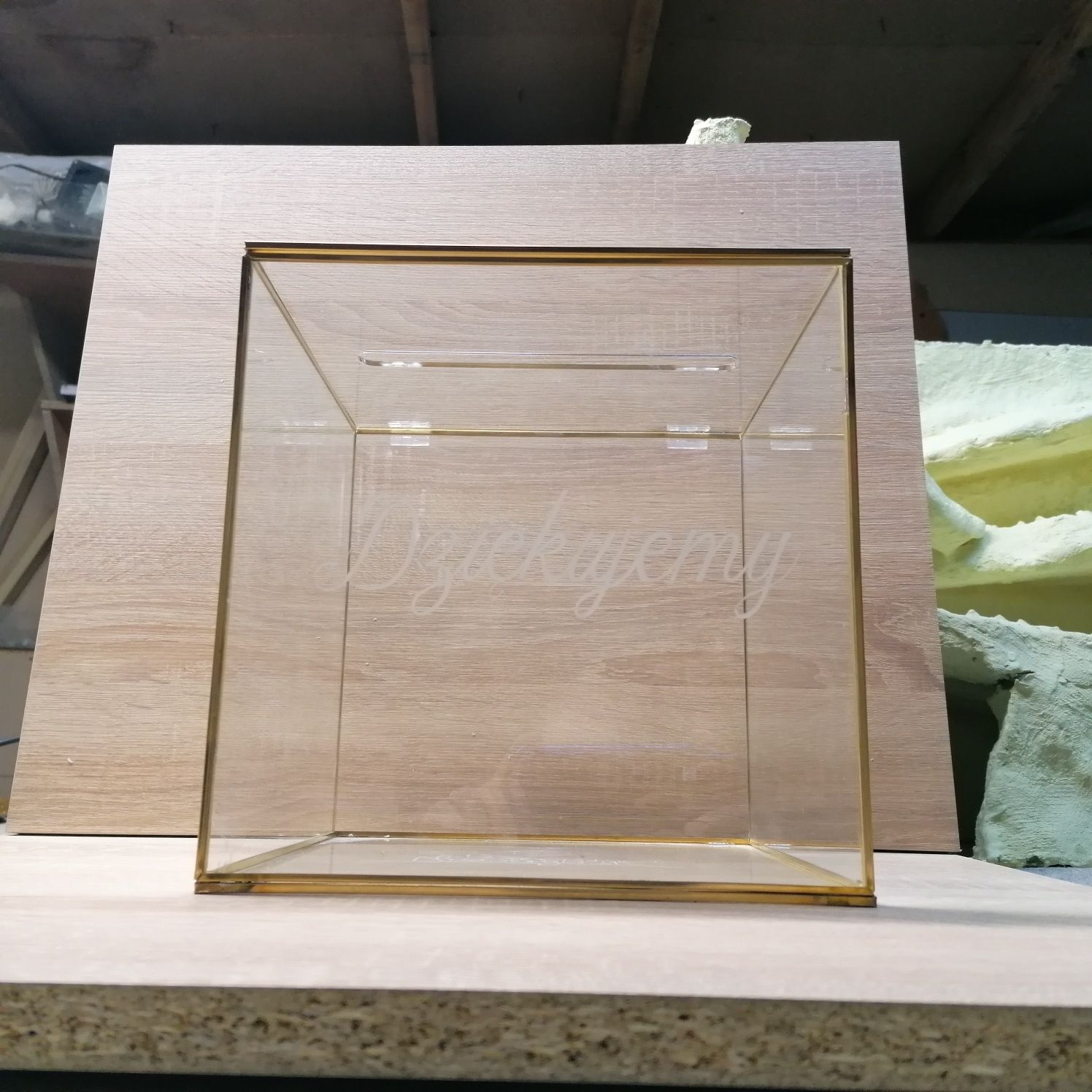 Zestaw ślubny skrzynka pudełko na kartki ślubne obrączki szklane złote