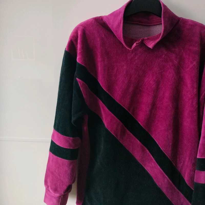 Bluza damska welurowa XL w czarne asymetryczne pasy stan bdb