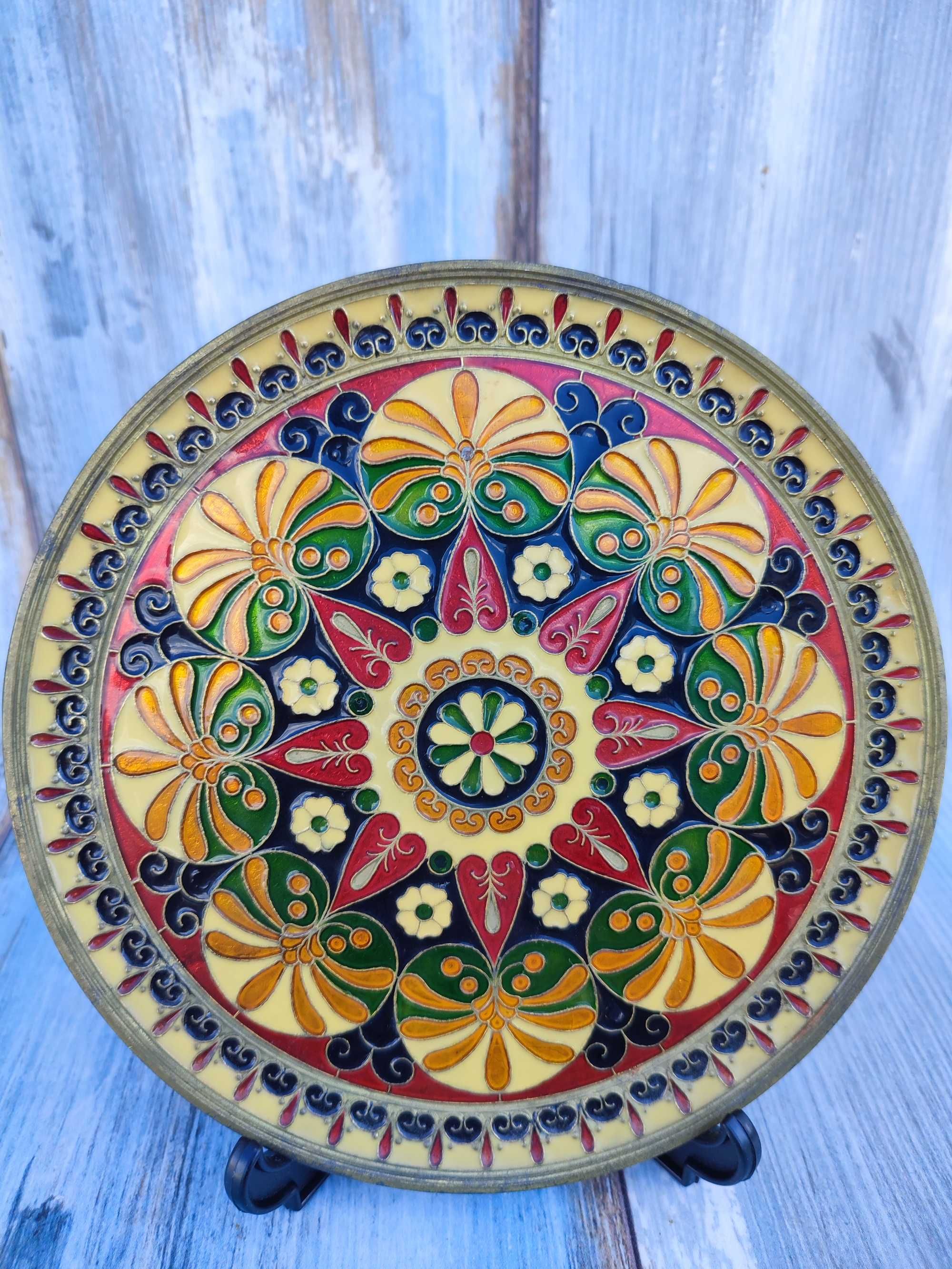 Mosięzny talerz emaliowany  masywny - vintage - design ozdobny