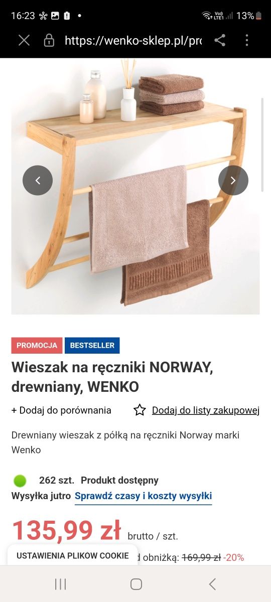 Półka wisząca wieszak na ręczniki