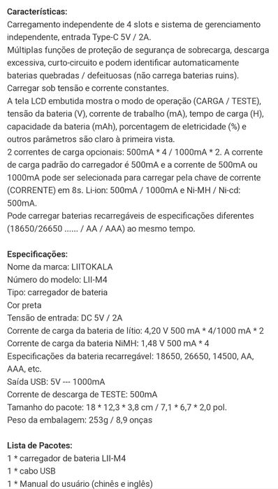 Carregador de pilhas/baterias LiitoKala Lii-M4 Display 4 slots NOVO
