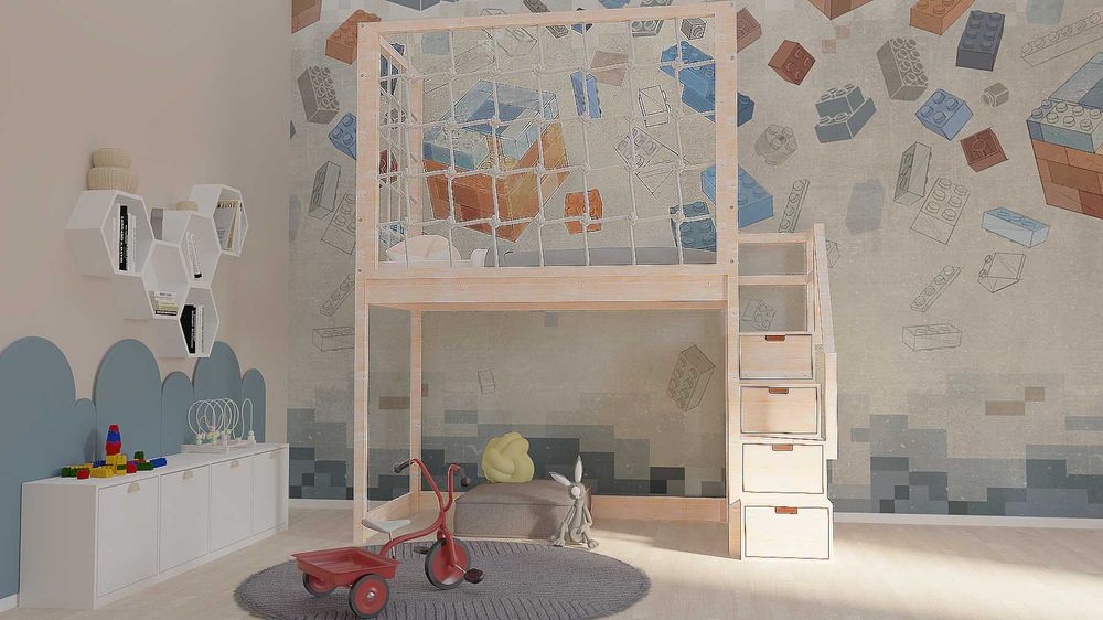 Antresola ze sznurkowymi zabezpieczeniami i schodami łóżko dla dziecka