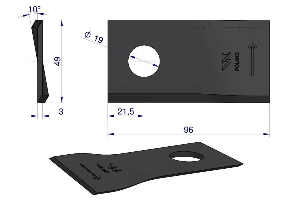 Nożyk kosiarka lewy 96x48x3mm otwór 19  Pottinger WARYŃSKI  25szt