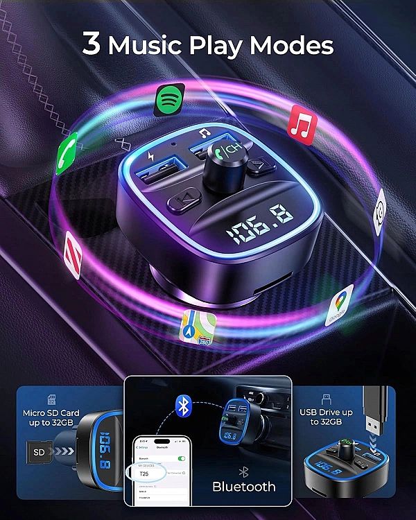 Transmiter FM Bluetooth 2xUSB microSD ładowarka LCD mikrofon, MP3, kar