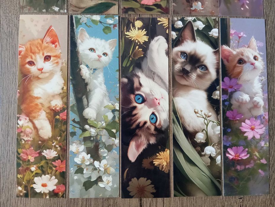 16 kartonowych zakładek do książek z kotami i kwiatami