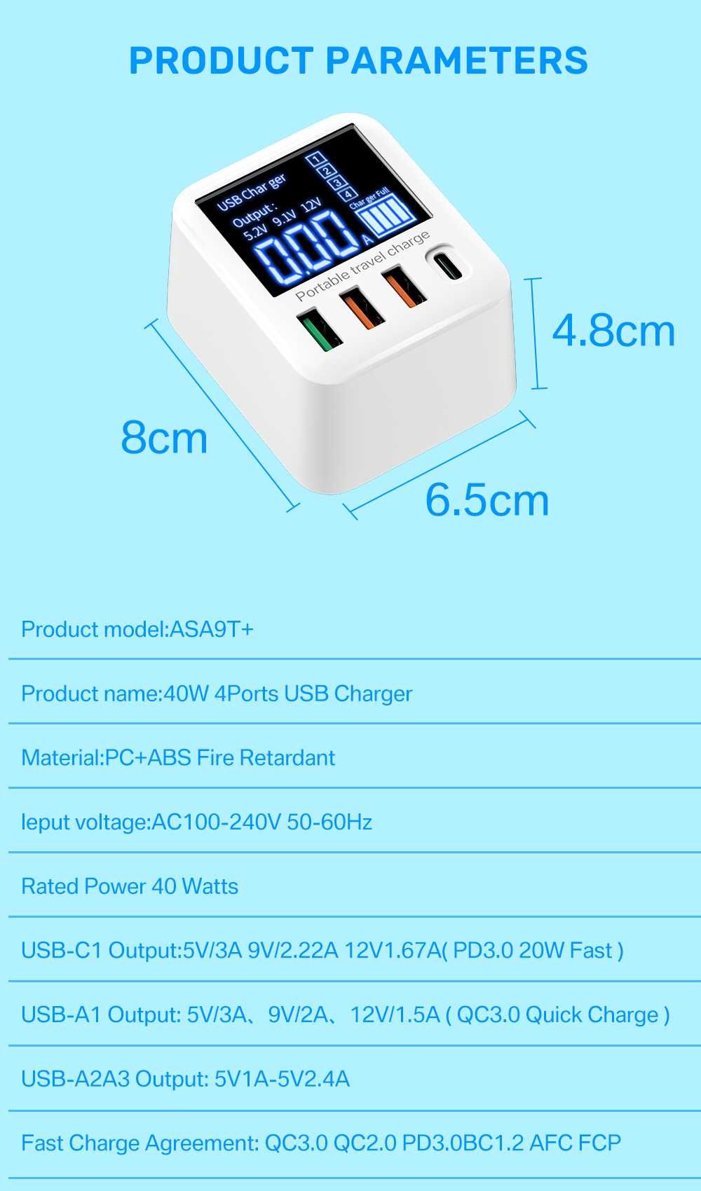 Szybka ładowarka ASOMETECH 40W USB 4-portowa z wyświetlaczem LED