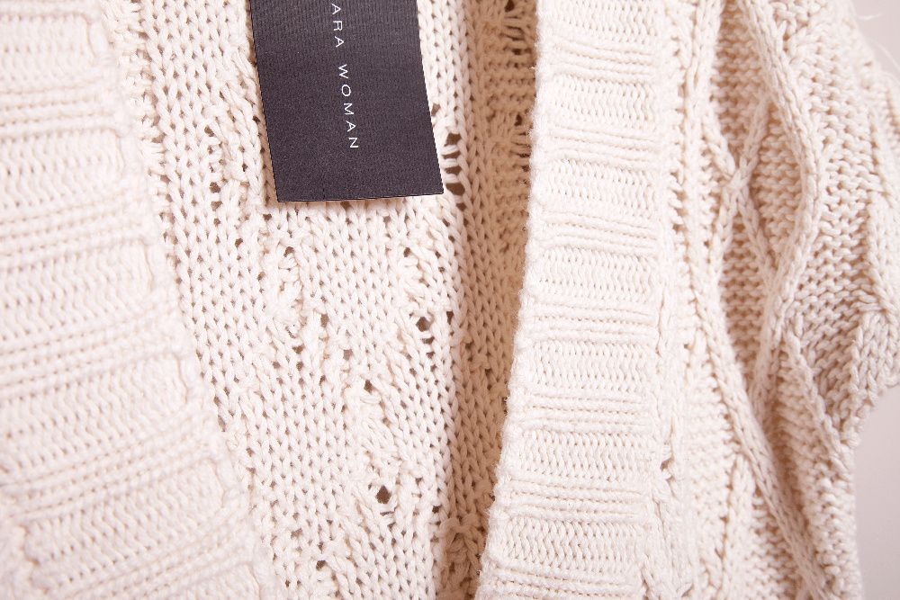 ZARA sweter długi dziergany biały zapinany boski
