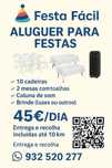 Aluguer para Festas - Mesas, Cadeiras, Coluna, Brinde – €45/dia