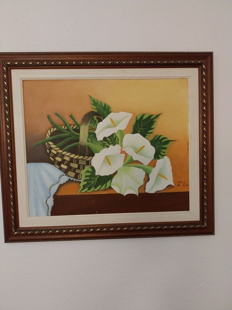 Quadro pintura à mão.  Tema: jarros em cesta