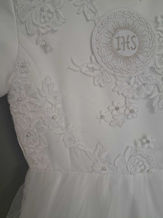 Sukienka komunijna, tiul, koronka, perełki, diamenciki