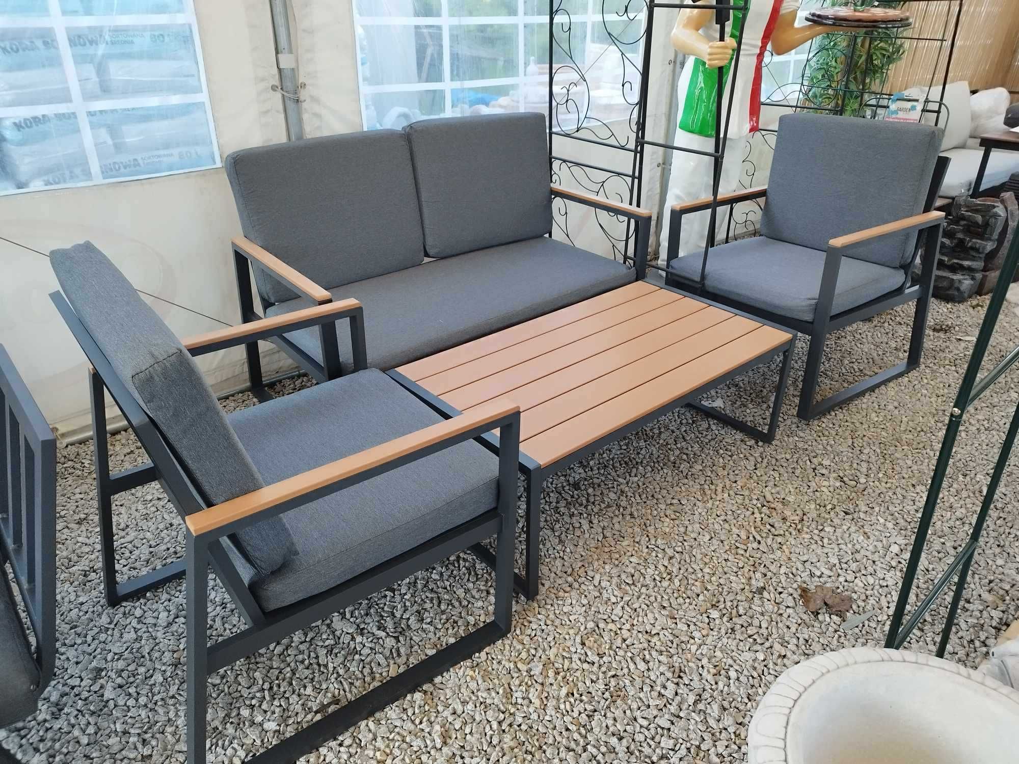Meble ogrodowe aluminiowe sofa + 2 fotele + stolik szare poduchy